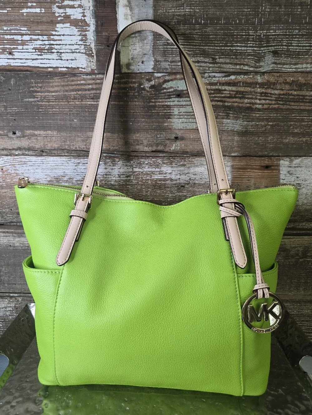 Michael Kors Lime Green Pebbled Leather Tote Bag Gold Hardware, EUC